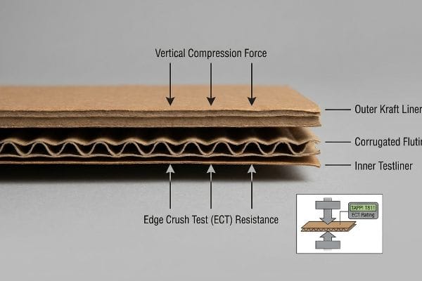 Corrugated cardboard cross-section details Outer Kraft Liner, Corrugated Fluting, Inner Testliner. Illustrates Vertical Compression Force, Edge Crush Test (ECT) Resistance, and TAPPI T811 ECT Rating.