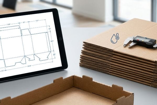 A tablet shows a corrugated box dieline blueprint, with a digital caliper on a stack of cardboard, and a humidity icon, representing precision moisture engineering.