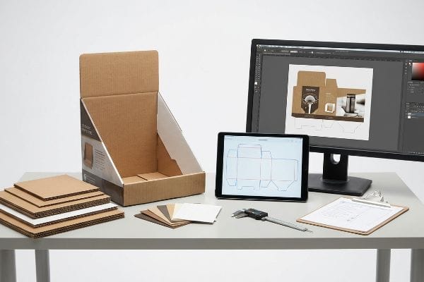 Brown corrugated display box, material swatches, digital caliper, and screens showing packaging dielines for structural validation.