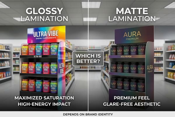 Comparaison détaillée des types de lamination d'emballages de produits (brillante et mate) présentés sur des présentoirs en rayon. Le présentoir de gauche, pour les compléments énergétiques « ULTRA VIBE », arbore une lamination brillante avec des flacons aux couleurs vives et saturées (jaune, orange, bleu, rose et vert), mettant en avant une « SATURATION MAXIMALE » et un « IMPACT ÉNERGÉTIQUE ÉLEVÉ ». Le présentoir de droite, pour les produits « AURA PREMIUM », utilise une lamination mate, offrant une esthétique sophistiquée et sans reflets avec des flacons violet foncé, bleu et marron, soulignant une « SENSATION PREMIUM ». L'image illustre comment le choix de la lamination influence l'identité de marque et l'attrait visuel des produits de consommation.