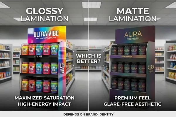 图中详细对比了产品包装覆膜类型（亮面和哑光），并展示在商店过道的零售展示架上。左侧展示架上的“ULTRA VIBE ENERGY SUPPLEMENTS”产品采用亮面覆膜，瓶身颜色鲜艳饱和，以黄色、橙色、蓝色、粉色和绿色为主色调，突出“饱和度最大化”和“高能量冲击”的理念。右侧展示架上的“AURA PREMIUM”产品则采用哑光覆膜，瓶身颜色深紫、蓝色和棕色，营造出精致无眩光的视觉效果，强调“高端质感”。该图突显了覆膜选择如何影响品牌形象和消费品的视觉吸引力。.