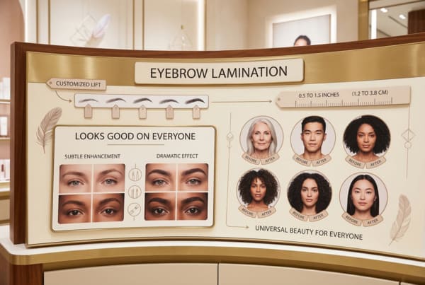 Dans un salon de beauté, un panneau d'affichage moderne et lumineux, encadré d'or, présente les services de rehaussement de sourcils, détaillant les options de rehaussement personnalisé pour différentes formes de sourcils. Le panneau comporte des sections « Convient à tous », illustrant les résultats « Subtil » et « Effet spectaculaire » avec des gros plans avant/après de différents types de yeux. En dessous, la section « La beauté universelle pour tous » présente six portraits circulaires avant/après de personnes diverses, dont une femme caucasienne d'un certain âge, un homme asiatique et plusieurs femmes noires et asiatiques, démontrant les résultats transformateurs du rehaussement de sourcils sur différents types de peau et de cheveux. Un graphique avec une règle indique une longueur de sourcils de « 1,2 à 3,8 cm ».