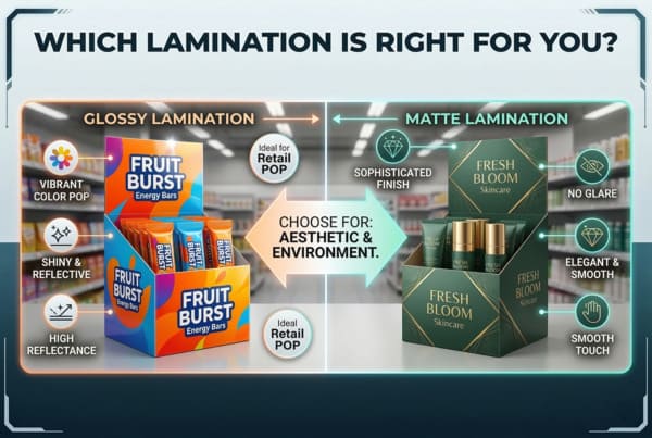 Infographie détaillée illustrant les différences visuelles et les avantages du pelliculage brillant et mat pour les emballages de produits de détail. La partie gauche présente un présentoir de point de vente « Barres énergétiques Fruit Burst » aux couleurs vives et multicolores, illustrant le pelliculage brillant avec ses couleurs éclatantes, sa surface brillante et réfléchissante, et sa forte réflectance lumineuse, conçu pour attirer l'attention dans un rayon de supermarché. La partie droite présente un présentoir sophistiqué vert foncé « Soins de la peau Fresh Bloom », mettant en valeur la finition élégante du pelliculage mat, ses propriétés antireflets, sa texture lisse et son toucher luxueux. Un graphique central invite à choisir en fonction de critères « Esthétique et Environnement » pour une présentation optimale de la marque.