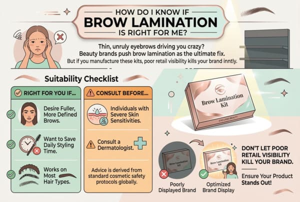 Une infographie détaillée explique si la lamination des sourcils est adaptée à vos besoins. En haut, une femme à l'air soucieux, aux sourcils indisciplinés, contraste avec la section « FAIT POUR VOUS SI… » où apparaît une femme sûre d'elle, aux sourcils parfaitement dessinés. Cette section met également en avant le gain de temps grâce à une icône d'horloge et la large applicabilité de la technique à différents types de cheveux. La section « CONSULTEZ UN DEVIS AVANT… » recommande la prudence aux personnes ayant une peau très sensible (icône de peau irritée) et conseille de consulter un dermatologue (symbole d'une croix médicale). En bas à droite, une boîte de « Kit de lamination des sourcils » illustre l'importance de la visibilité de la marque avec des exemples de « Mal mise en valeur » et de « Meilleure mise en valeur », afin d'aider les fabricants à optimiser la visibilité de leur produit en point de vente.