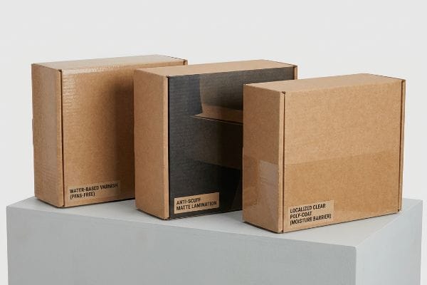 三个瓦楞纸箱展示了包装涂层：水性清漆（不含 PFAS）、防刮哑光覆膜和局部透明聚合物涂层（防潮层）。.