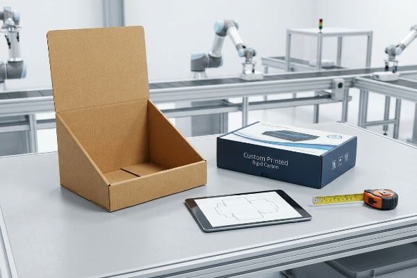 Factory table with empty corrugated display box, Custom Printed Rigid Carton, packaging die-cut tablet, and measuring tape.