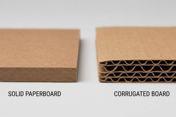 The side profiles of Solid Paperboard and Corrugated Board, clearly showing the fluted internal structure of the corrugated material.