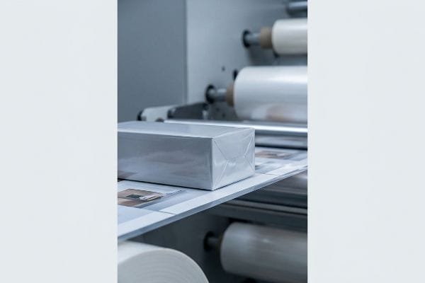 在柔性薄膜复合机上进行银色包装，展示了卷对卷包装涂层技术。.