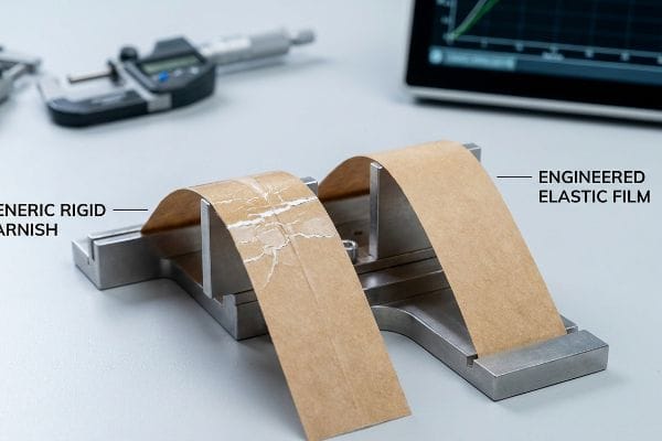 Brown paper strips demonstrate Generic Rigid Varnish cracking versus Engineered Elastic Film's smooth, anti-crack flexibility.
