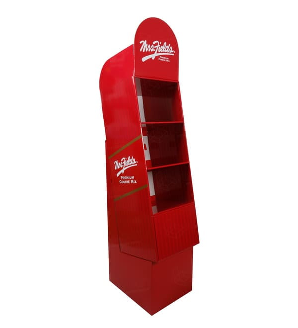 Side profile of the cardboard display showing the angled shelf design optimized for food and snack visibility.