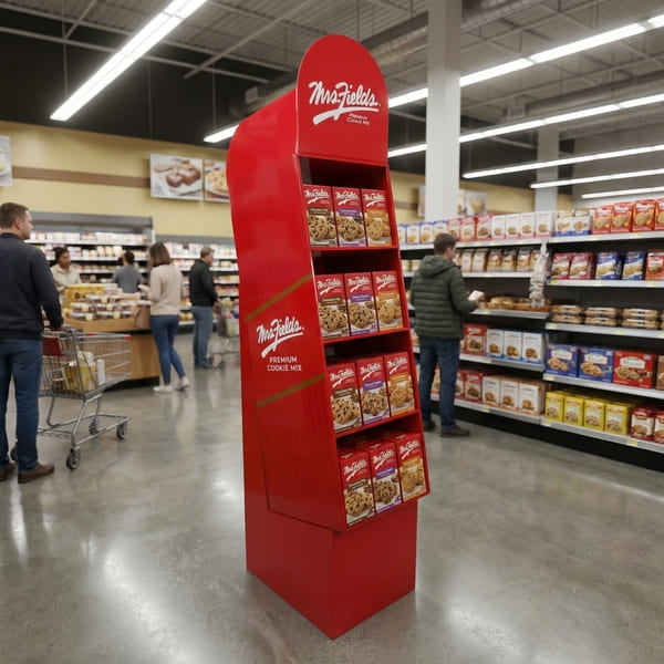 In-store retail simulation showing a loaded corrugated floor display merchandising cookie boxes in a busy supermarket aisle.