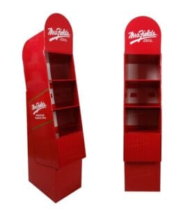 Front and side view of a custom red cardboard display stand designed for food retail, featuring 3 tiers and a header card.