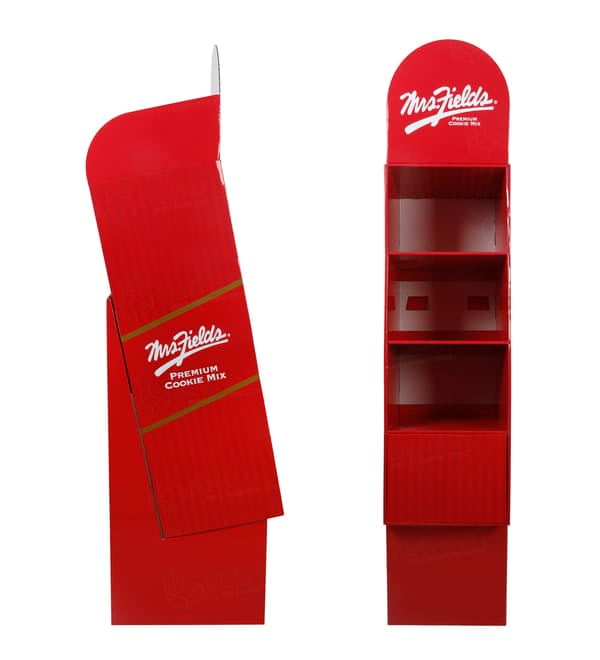 Side view of the custom printed corrugated POP unit, showcasing the vibrant red branding and compact footprint.