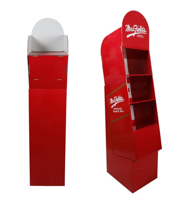 Rear view of the corrugated display unit highlighting the sturdy back support panel and easy-to-assemble fold lines.