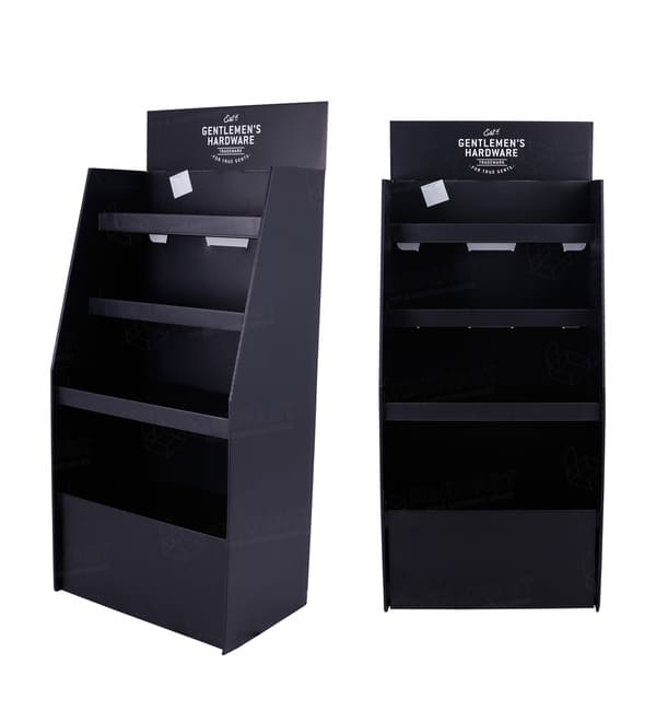 Front and side perspective of a 4-tier corrugated floor display unit designed for hardware and gift items.