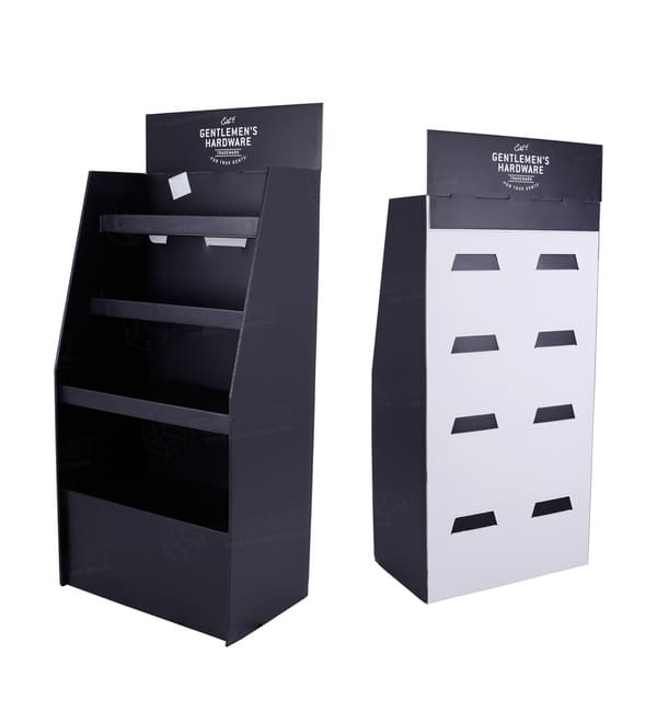 Rear and front view of a custom cardboard display highlighting the sturdy structural design and white interior backing.