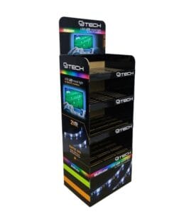 Un présentoir en carton noir à 4 niveaux pour les lampes d'ambiance LED USB GTECH, avec une impression graphique éclatante et une grande bannière de marque.