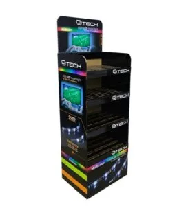 鮮やかなグラフィックプリントと背の高いブランドヘッダーを備えた、GTECH USB LED ムード ライト用の 4 層の黒い段ボール製ディスプレイです。.