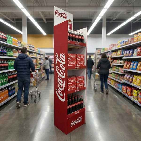 コカコーラのボトルやマルチパックが並んだ飲料用段ボール陳列のリアルなスーパーマーケットレンダリング。.