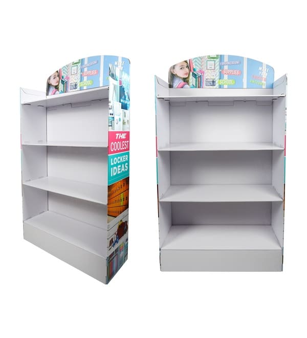 Front and side view of a corrugated floor stand featuring shelves for stationery and locker accessories.