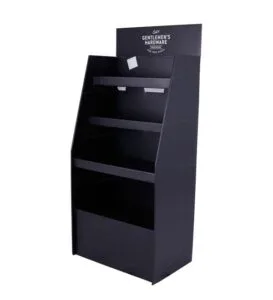 小売製品の配置に適した 4 段の高級マットブラックのカスタム段ボール製ディスプレイ スタンドです。.