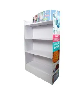 明るい青緑とピンクのグラフィックを使用した、学校のロッカー整理用品向けに設計された 4 層のカスタム印刷された段ボール製ディスプレイです。.