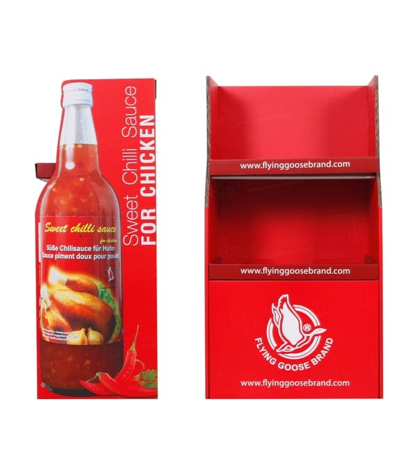 Close-up of the high-quality custom printed graphics on the side panel of the cardboard sauce display.