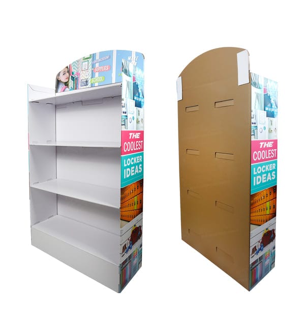 Back and side perspective of the corrugated cardboard display showing the sturdy structural assembly and brown kraft reverse side.
