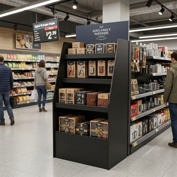 A black 4-tier cardboard display stocked with Gentlemen’s Hardware gift sets in a high-traffic supermarket aisle.