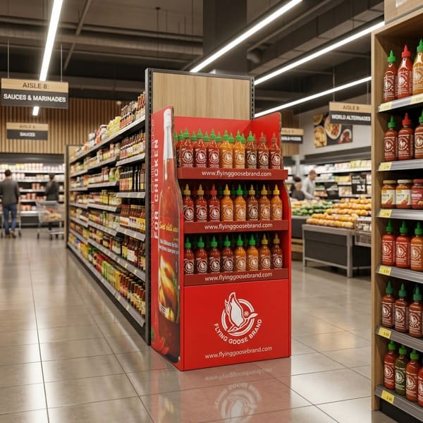 Realistic supermarket aisle render featuring the 3-tier cardboard display fully stocked with sauce bottles.