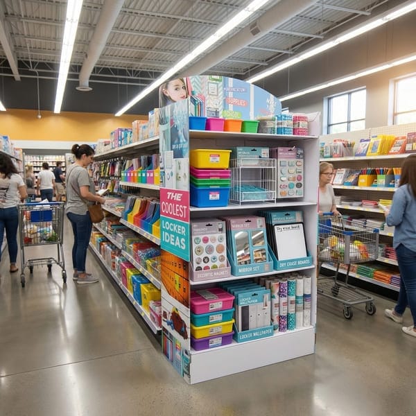 A fully stocked cardboard display unit in a retail aisle filled with colorful bins, mirrors, and school supplies for the back-to-school season.