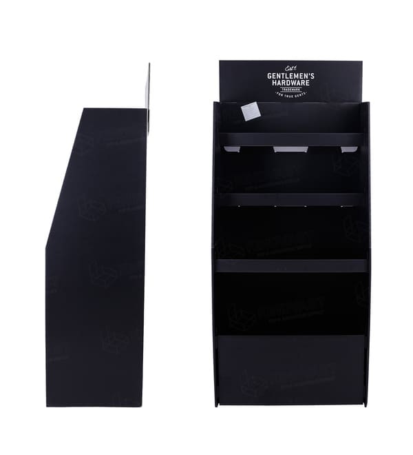 Side profile and front-facing view of a durable black corrugated retail fixture showcasing its space-saving design.