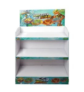 Vue de face d'un présentoir vide à 3 niveaux en carton imprimé personnalisé avec des graphismes dynamiques turquoise pour la vente de jouets en magasin.