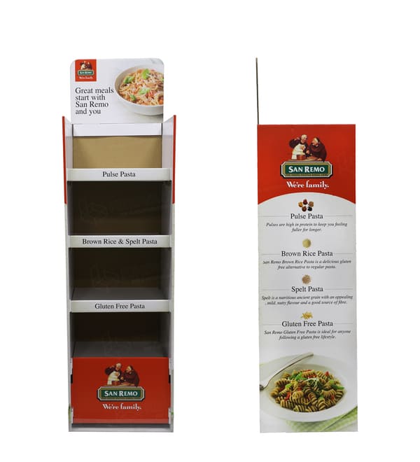 صورة من الأمام لوحدة عرض منتجات كرتونية مكونة من 4 طبقات، تُظهر أرففًا فارغة جاهزة لتخزين المنتجات في بيئة بيع بالتجزئة.