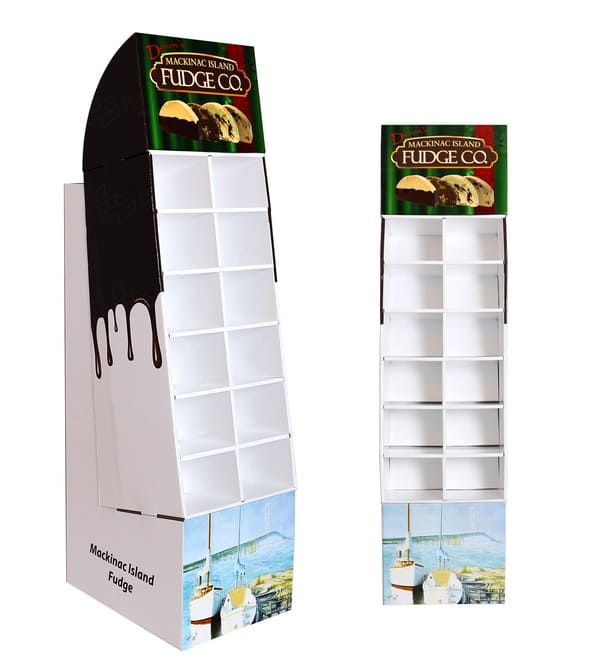 Seitenansicht eines 6-stöckigen Wellpappen-Bodenständers, der das Schokoladentropfen-Grafikdesign und die strukturelle Unterstützung zeigt.