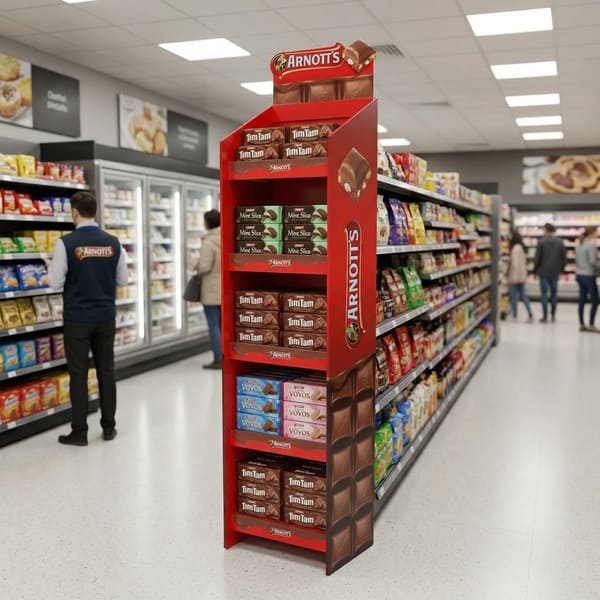 这是一张 3D 渲染图，展示了摆放在超市过道中的 Arnott's 纸板展示架，充分展示了其作为零售商品陈列装置的有效性。.