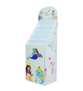 A 6-tier light blue custom cardboard floor display featuring colorful illustrations for Arty Craft children's activity kits.