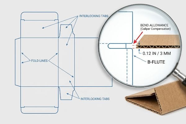 B-Flute corrugated die line showing 0.12 In / 3 Mm Bend Allowance (Caliper Compensation) for Interlocking Tabs.