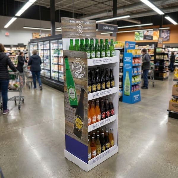 一个摆放在杂货店过道里的四层瓦楞纸落地展示架，上面摆满了精酿汽水瓶。.