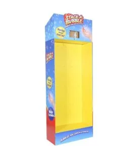 A blue and yellow custom printed cardboard display with a pegboard back and bottom shelf for toy merchandising.