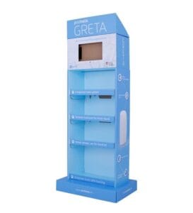 Изготовленная на заказ синяя картонная витрина на 4 полки, на которой представлены устройства слежения за домашними животными Prothelis GRETA с графикой высокого разрешения.