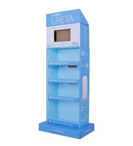 A custom blue 4-shelf cardboard display featuring Prothelis GRETA pet tracking devices with high-definition graphics.