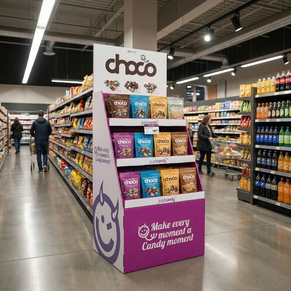 一个三层紫色纸板落地展示架，上面摆满了巧克力袋，放置在人流量很大的杂货店过道中。.