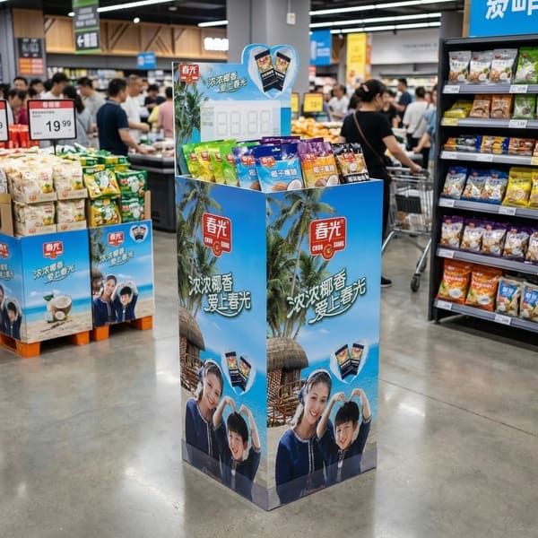 Корзина из гофрированного картона, размещенная в проходе супермаркета и заполненная разноцветными пакетами со снеками, призвана стимулировать спонтанные покупки.