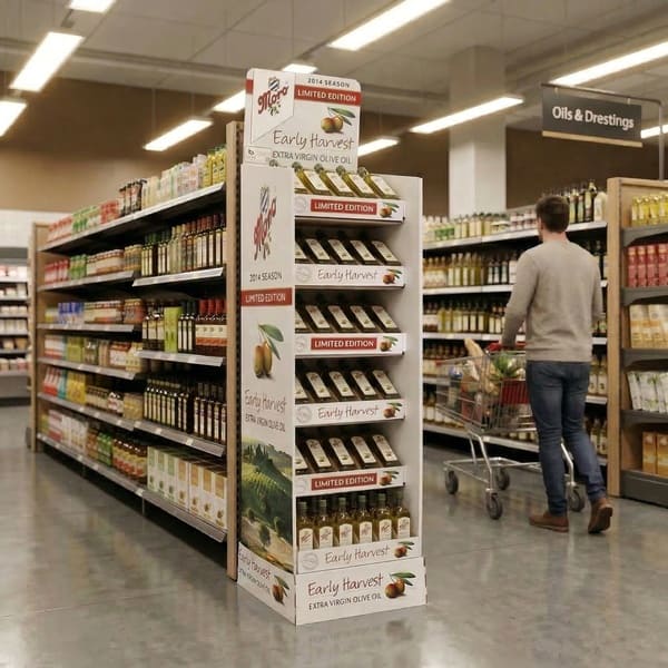 Visualisierung eines Supermarktes, die ein individuell angefertigtes Pappdisplay am Ende eines Supermarktgangs in der Nähe eines Kunden zeigt.