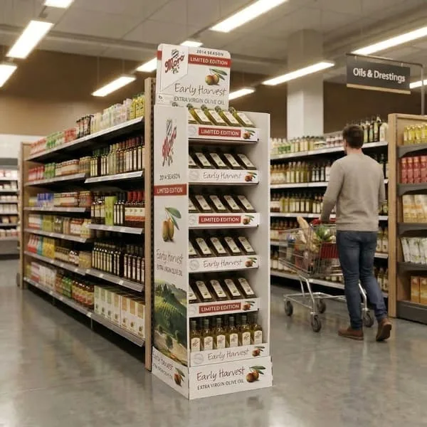 超市效果圖，展示了放置在食品雜貨通道盡頭、靠近顧客的定製紙板展示單元。.
