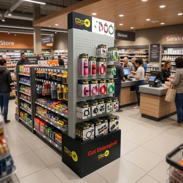 零售五金店过道中摆放着满满一箱扎带和收纳带的纸板展示架的 3D 渲染图。.