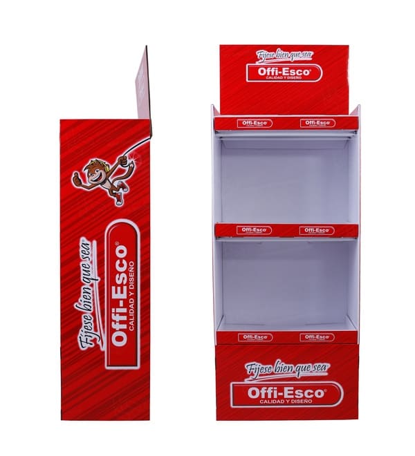 Side profile of a high-visibility red cardboard display highlighting the vertical branding and slim retail footprint.