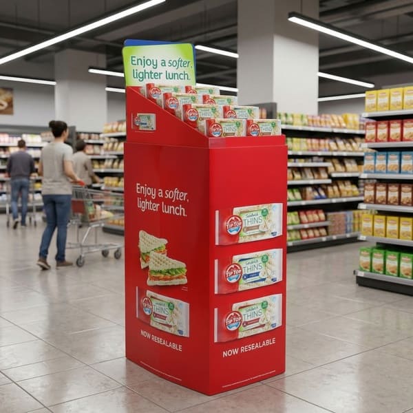 3D-визуализация супермаркета, демонстрирующая красную гофрированную напольную витрину, расположенную в конце продуктового ряда для привлечения покупателей.