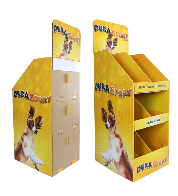 構造アセンブリタブと黄色の外部ブランドを示す段ボールディスプレイの背面と側面の図。.